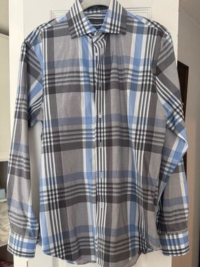 Nordstroms Calibrate Blue, Gray and White Plaid Dress Shirt